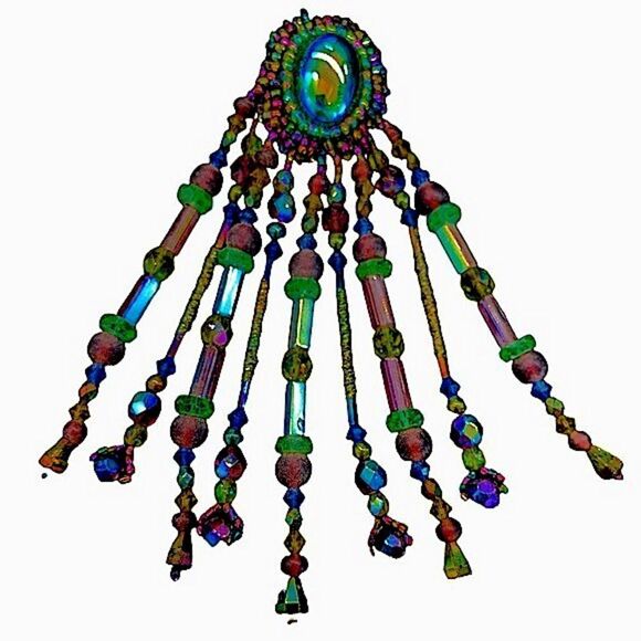 Vintage hand beaded shoulder duster blue iridescent chandelier earrings clip - Picture 5 of 10